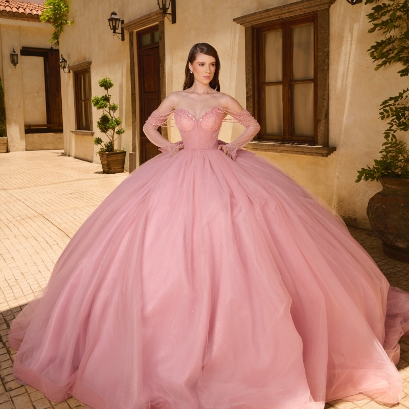 Pink Shiny Quinceanera Dresses Ball Gown Off The Shoulder Beading Crystal Bow Corset Tull Party Birthday Sweet 16 Dress Vestidos 15 De Anos