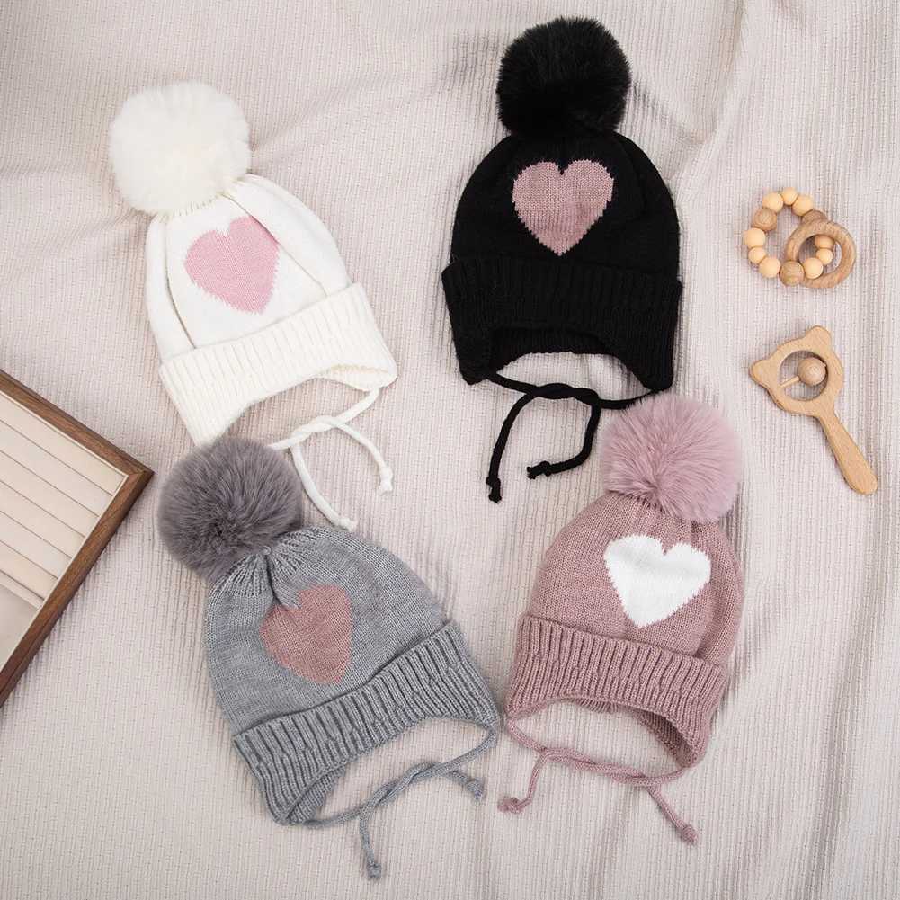 Cute Pompom Baby Turban Hats Heart Knitted Caps Boys Girls Beanies 03T Autumn Winter Kids Headwraps Bonnets Hair AccessoriesL251024