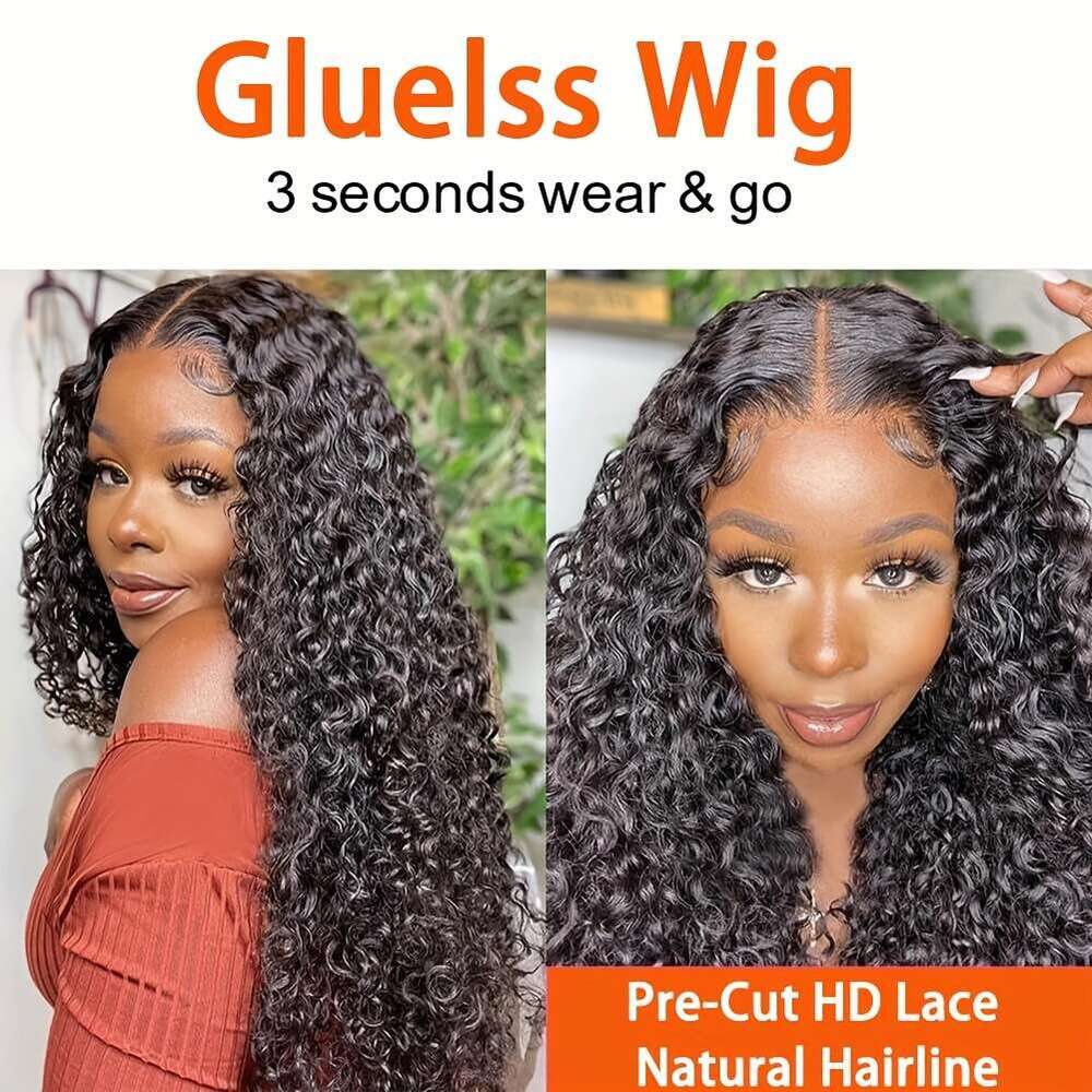 Elegant Deep Wave Glueless Human Hair Wig - Pre-Plucked 6x4 HD Lace Front, Ready to Wear, 200% Density, Natural Black Curly Texture Women, Perfect for