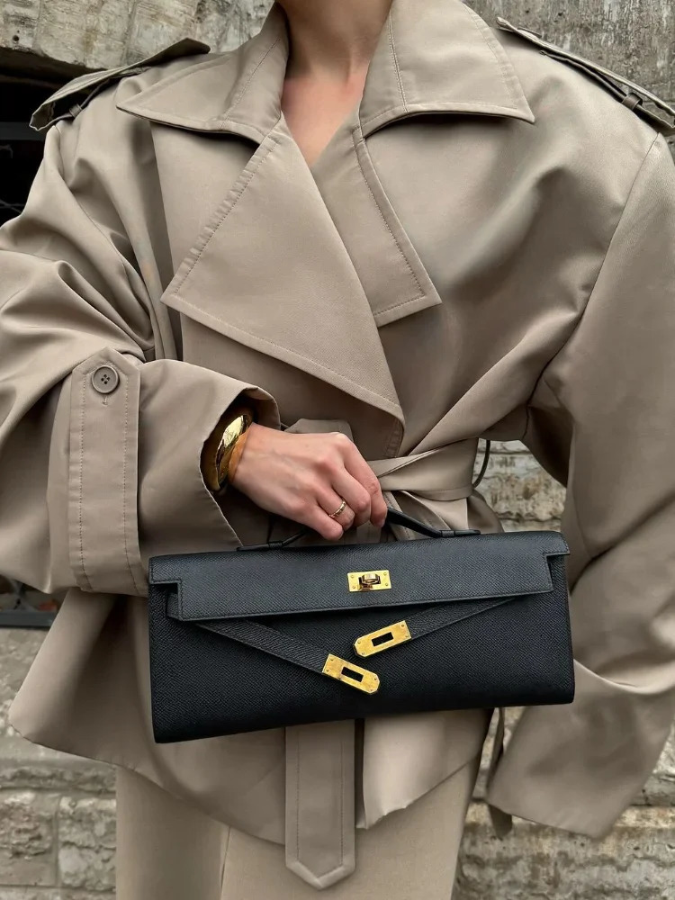 Elegant Lapel Lace Up Jacket Women Fashion Solid Long Sleeves Button Cropped Trench Coat Autumn Lady Daily Commute Outwear 251021