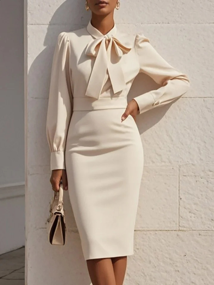 Womens Solid Color Bow Neck Long Sleeve Waisted Midi Dress 251023