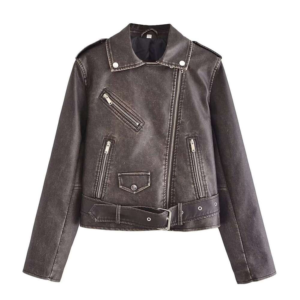 American Cool Spicy Girl Style Lapel Motorcycle Autumn Washed And Distressed Leather Jacket For Women