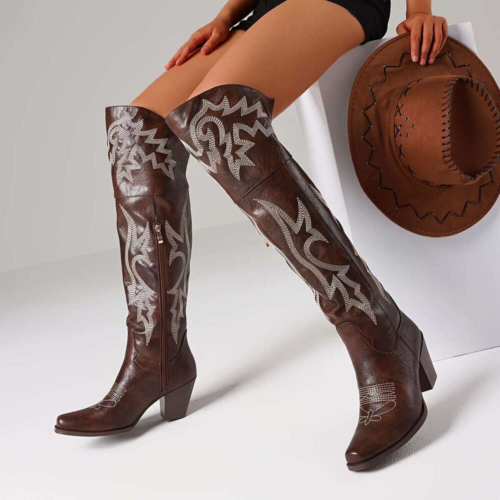 Cowgirl Western Knee High With Embroidery, Pointed Toe And Chunky Heel, Zipper Boots, Retro Outdoor Cowboy Boots For Women