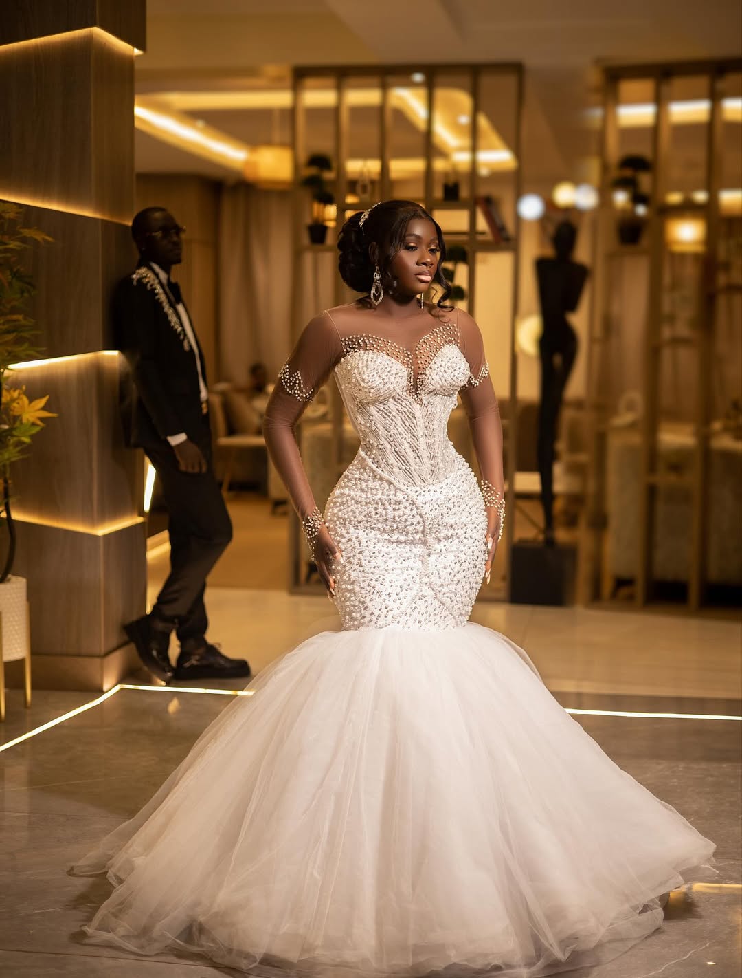 2025 Aso Ebi African Wedding Dress Bridal Gowns For Bride Mermaid Sheer Neck Illusion Appliqued Beaded Lace Pearls Rhinestones Wedding Gowns For Black