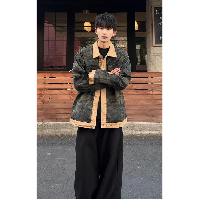 Mens Autumn Washed Turn Down Collar Camo Denim Jacket SingleBreast Long Sleeve Loose Fit Vintage Workwear Coat Street Style 251017