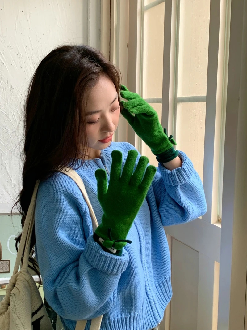 Winter Red Warm Knitted Gloves Full Finger Gloves Touch Screen Skiing Cute Bow Gloves Work Gloves For Women 251023