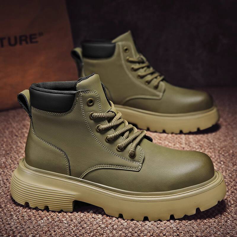 Paul Camel Men's Work Boots Autumn Winter Martin Boots High-Top Genuine Leather Yellow Footwear British Style Fleece-Lined Thick-Soled Shoes