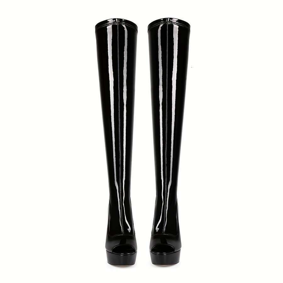 Women's Ultra-High Slip-On Glossy Black Evening Boots With Thick Heels, Slip-Resistant Rubber Sole Party, Formal, Everyday Extended Sizes Availab