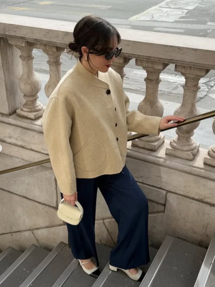 Casual Yellow Woolen Jacket Women Round Neck Single Breasted Full Sleeve Loose Coat Autumn Lady Daily Commute Street Outerwears 251013