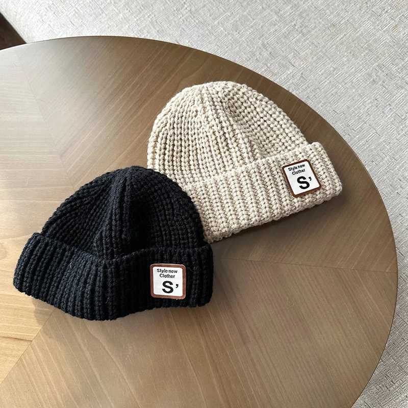 Letter S Baby Beanie Cap Winter Warm Wool Knitted Hat for Toddler Boy Girl Korean Solid Color Kids Brimless HatsL251024
