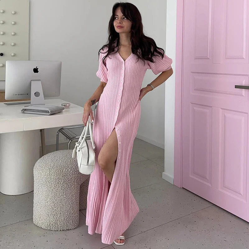 Tornova Fashion Cardigan Long Knitted Dress For Women Puff Sleeve Retro Fashion Sweater Dress 2025 Summer Sexy Vacation Dress 251023