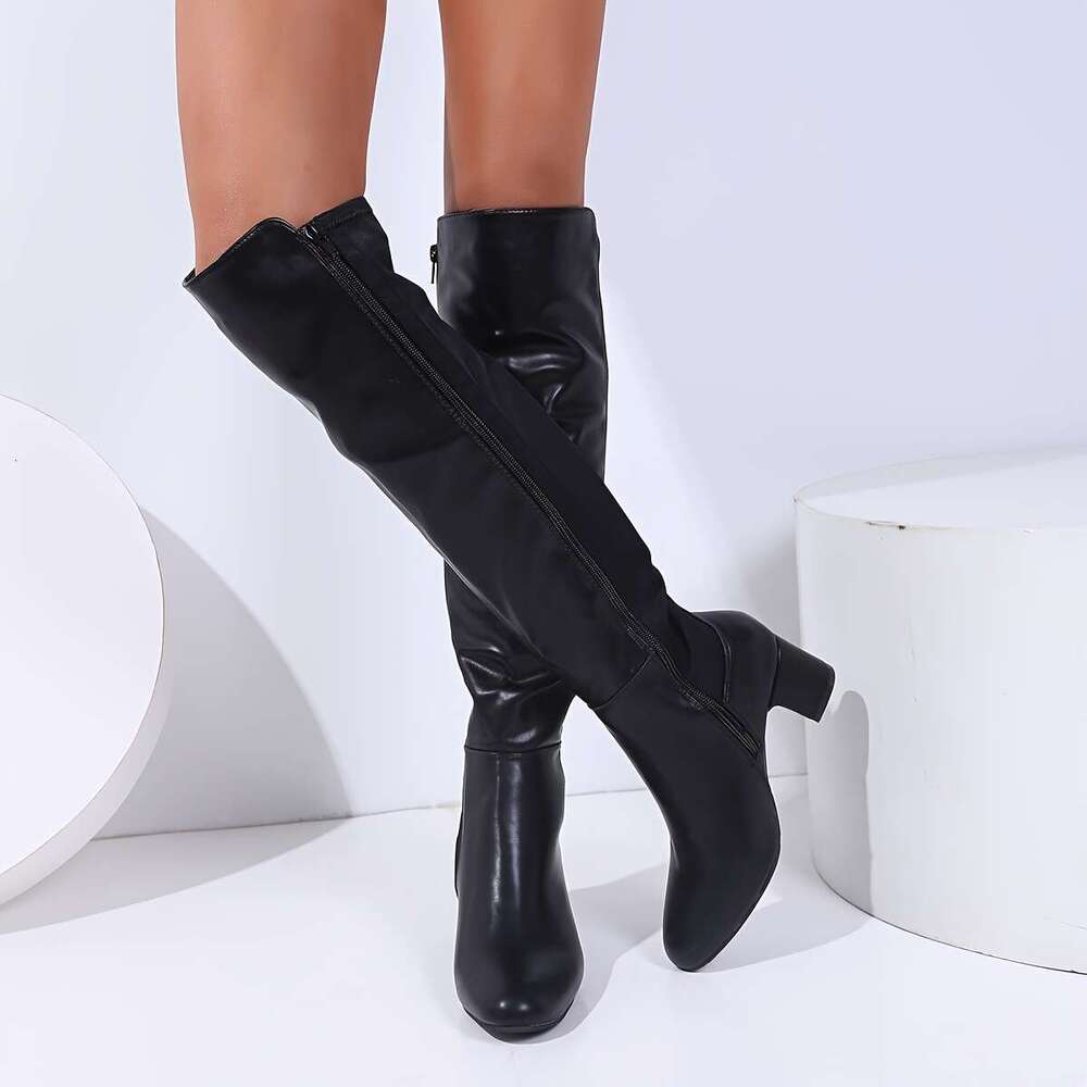 Women's Sexy Chunky Heel Ankle Boots With Side Zipper - Glossy Black Faux Cover Round Toe, All-Season Versatile Booties For Dresses & Casual Outf