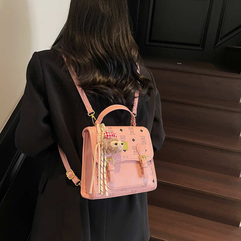 Designer bag trendy contrasting printed small square bag casual and versatile commuting backpack for women pink brown white