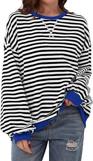 2025 Autumn Winter New Season Simple Home Casual Loose Striped Pattern Round Neck Long Sleeve Pullover Color Block T-Shirt