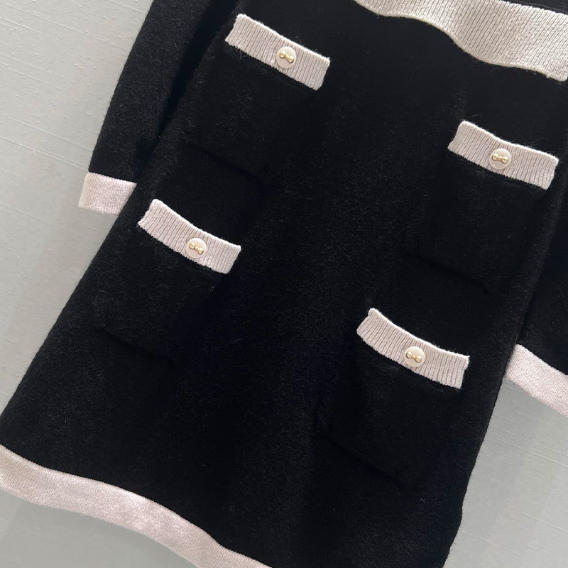Designer Luxury Women's Contrast Color Knitted Dress Round Neck Multiple Pockets Mini A-Line Bodycon Long Sleeve Metal Buttons Versatile Y2K Clot