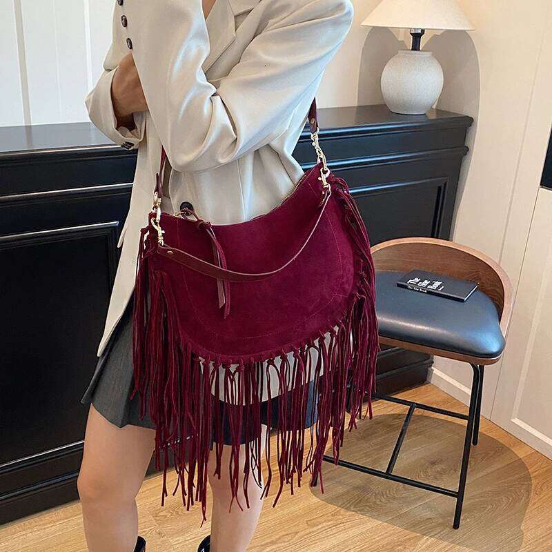 PU Tassel Solid Color Shoulder Zipper Large Capacity Bags On Sale 2025 Fashion Versatile Ethnic Women's Handbags