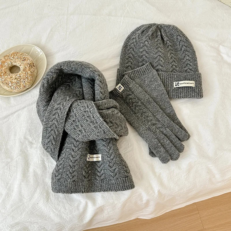 Winter Warm Knitted Hat Scarf Gloves Womens Windproof Adult Threepiece Set Scarves Solid Color Fashion Korean Hats for Women 251023
