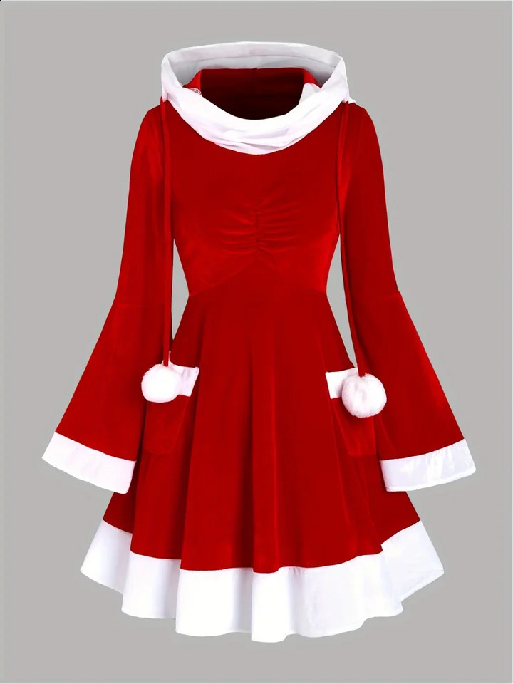Santa Clauss European and American temperament is red Christmas party is slim hooded dress and womens dress 251023
