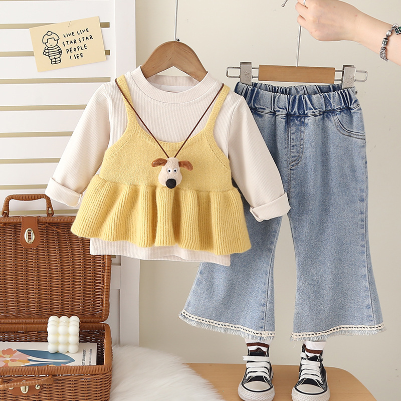 Baby Girls Suspenders Sweater Set 3-Piece, Korean Style Knit Outfit for 1-5 Year Olds, Spring Autumn Fashion