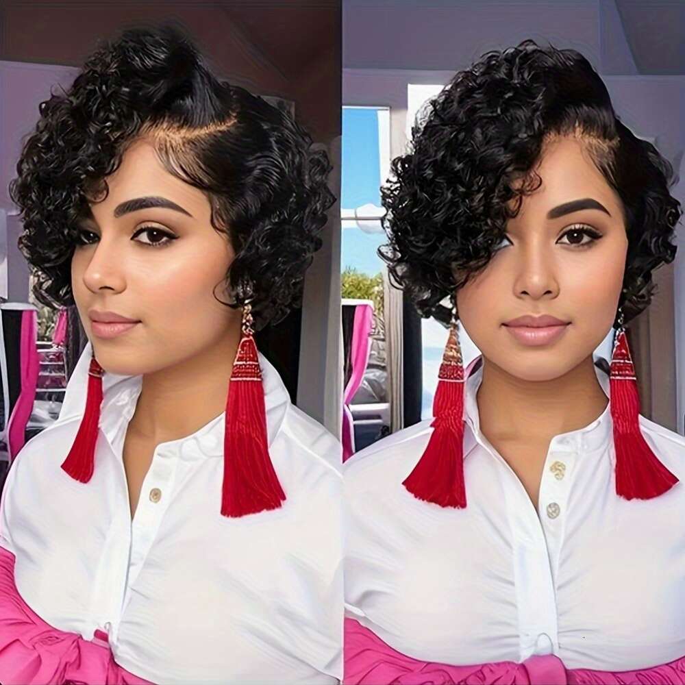 Women'S Black Human Hair Curly Bob Wig with 13x4 Front Elastic Band Density Water Wave Texture, Short Pixie Cut Style, Breathable Lace Base Comfo