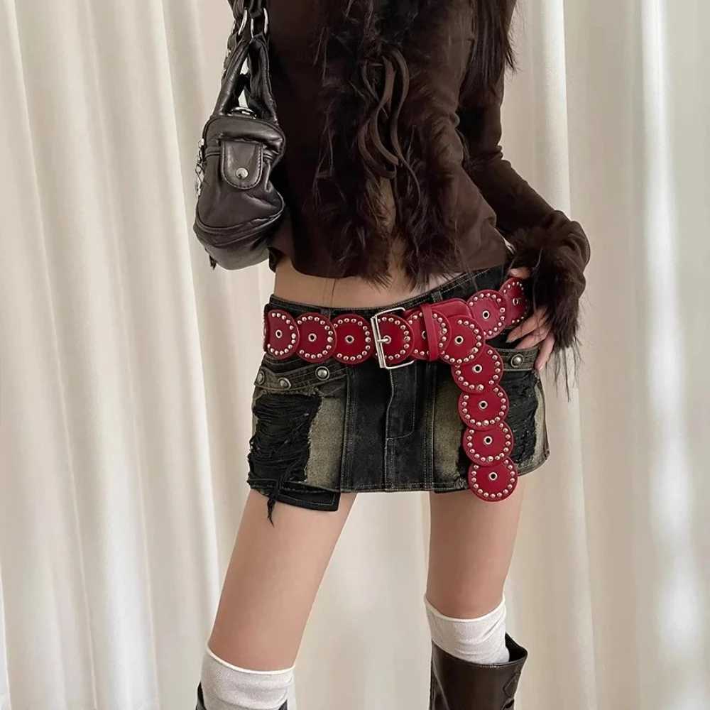 1pc New Needle Buckle Belt Round Rivet Stitching Waistband Fashionable Handsome Belt Heavy Round 58cm Wide Womens Waistband W251024