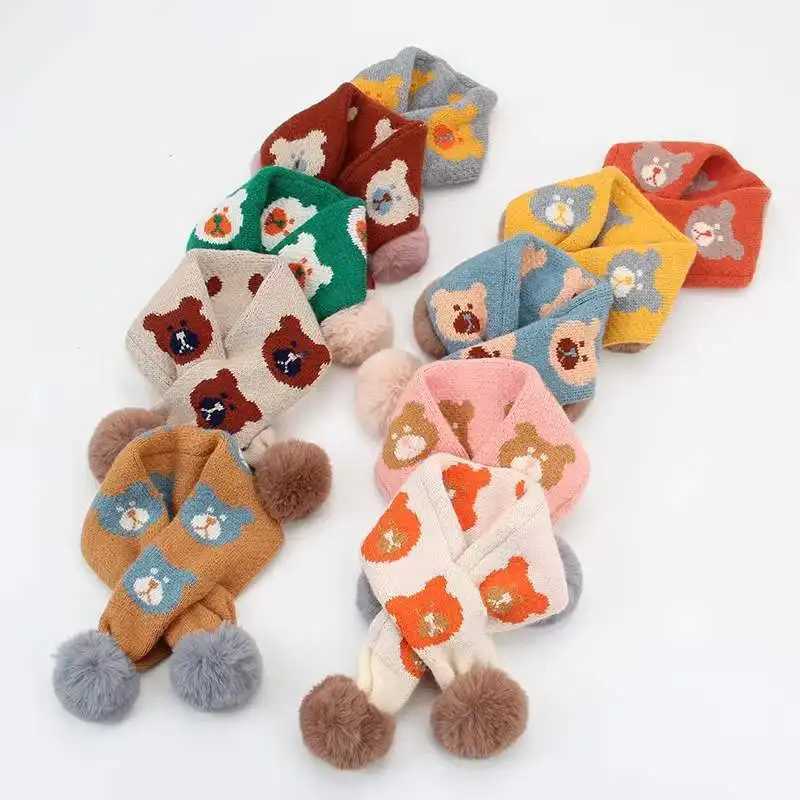 Cute Bear Baby Knitted Scarf Plush Ball Kids Cross Scarves Thicken Woolen Children Neckerchief 26Year Boys Girls Neck Collar Y251024