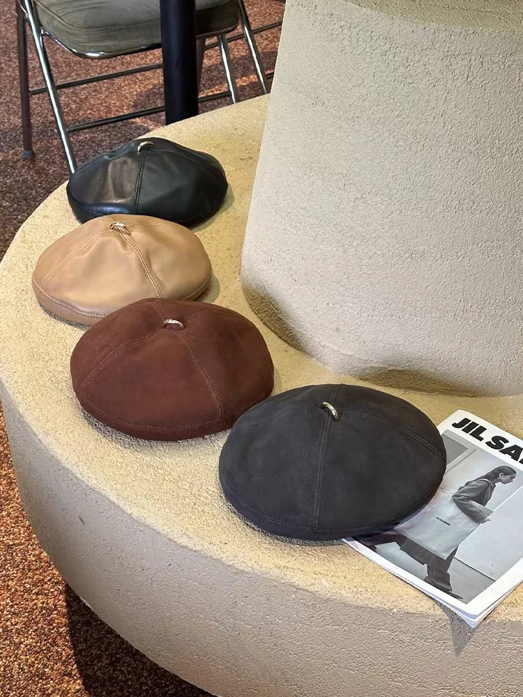 Spring 100 Real Leather Suede Beret Hat Women Fashion European Pumpkin Painter Caps Female GreyCarame Caps for Women 251023