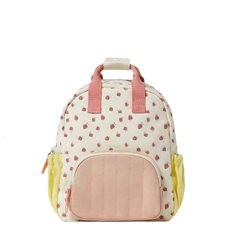 New best-selling pure cotton canvas dopamine strawberry printed color block designer children's backpack