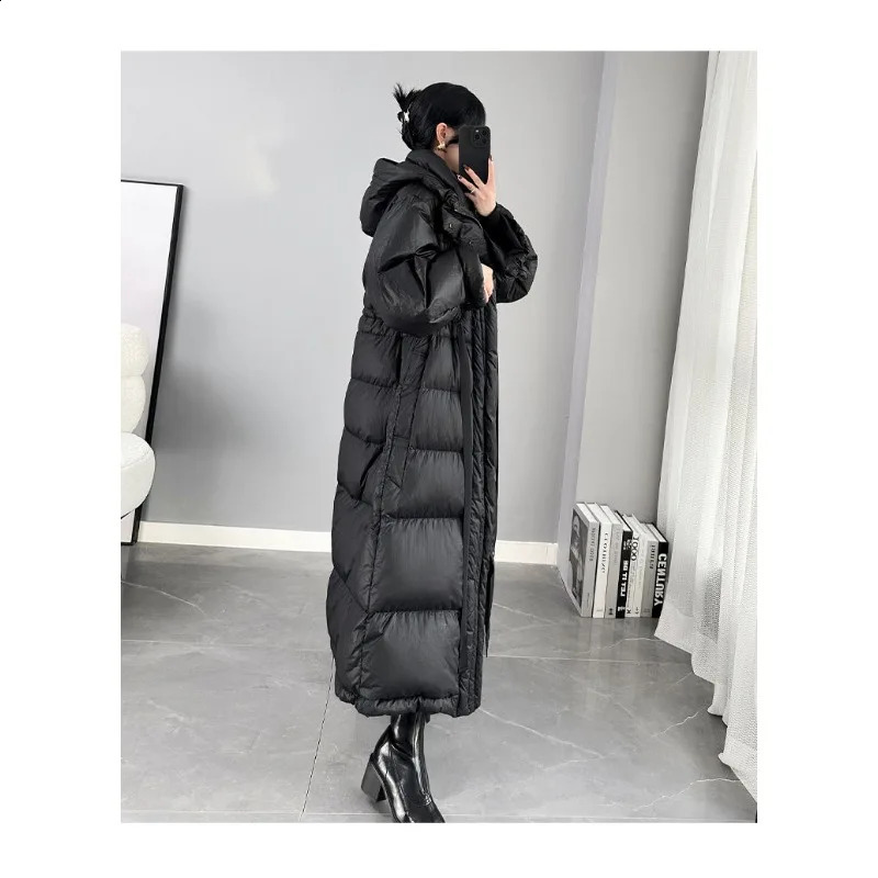 Super Long Warm Thickened Down Jacket Temperament Womens Clothing Hooded Foreign Style White Duck Coat 251018