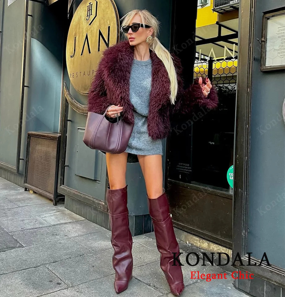 KONDALA Fluffy Fur Short Coat Womens Fall Winter High Street Faux 2025 Fashion Elegant Vintage Ladies Lapel Y2K 251018
