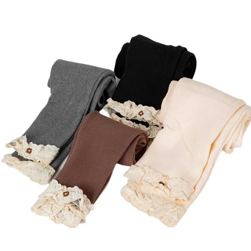 Autumn Girls Tight Pants Kids Warm Pants Pleated Lace Small Flower Childrens Fashionable Solid Color Casual LeggingsT251024