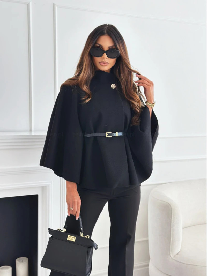 Women Single Buckle Batwing Sleeve Coat Autumn Winter Elegant Lady Tweed Waist Cinching Poncho Trend Thick Warm Loose Outwear 251020