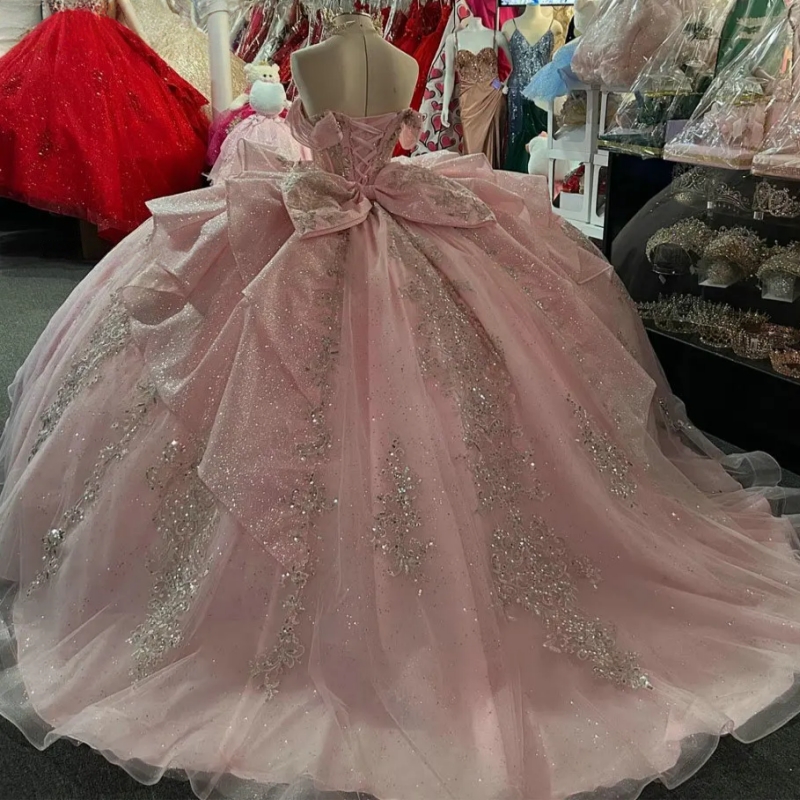 Pink Illusion Ruffles Bow Quinceanera Dresses Ball Gown Sequined Appliques Lace Sweet 15 Anos Mexican