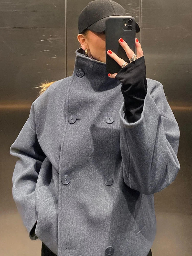 In Stand Collar Woolen Jacket For Women 2026 Autumn Winter Double Breasted Long Sleeve Coats Female High Street Chic Outwear 251018