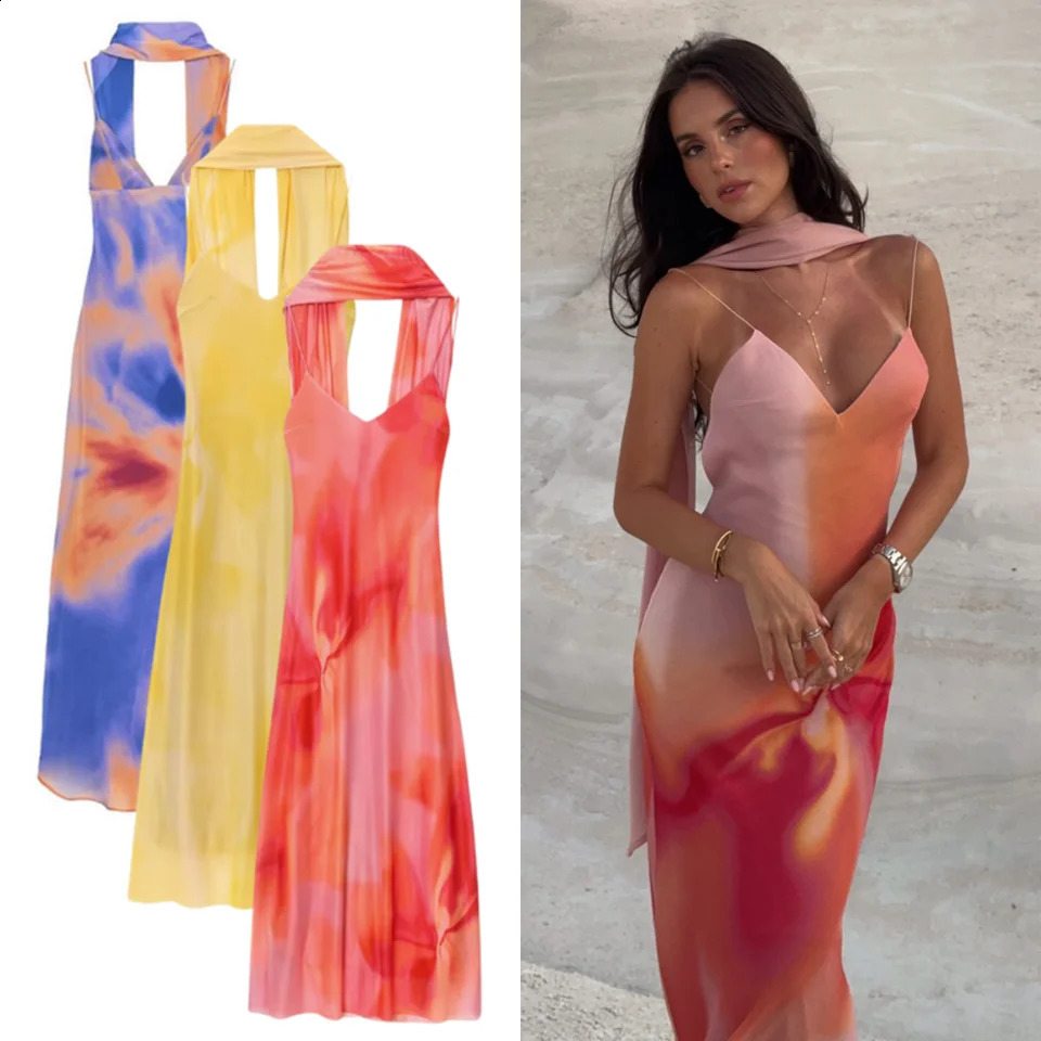 UNIZERA Scarf Printed Backless Long Dress 2025 Summer Arrivals Womens Wear Elegant Satin Textured Dress 251023