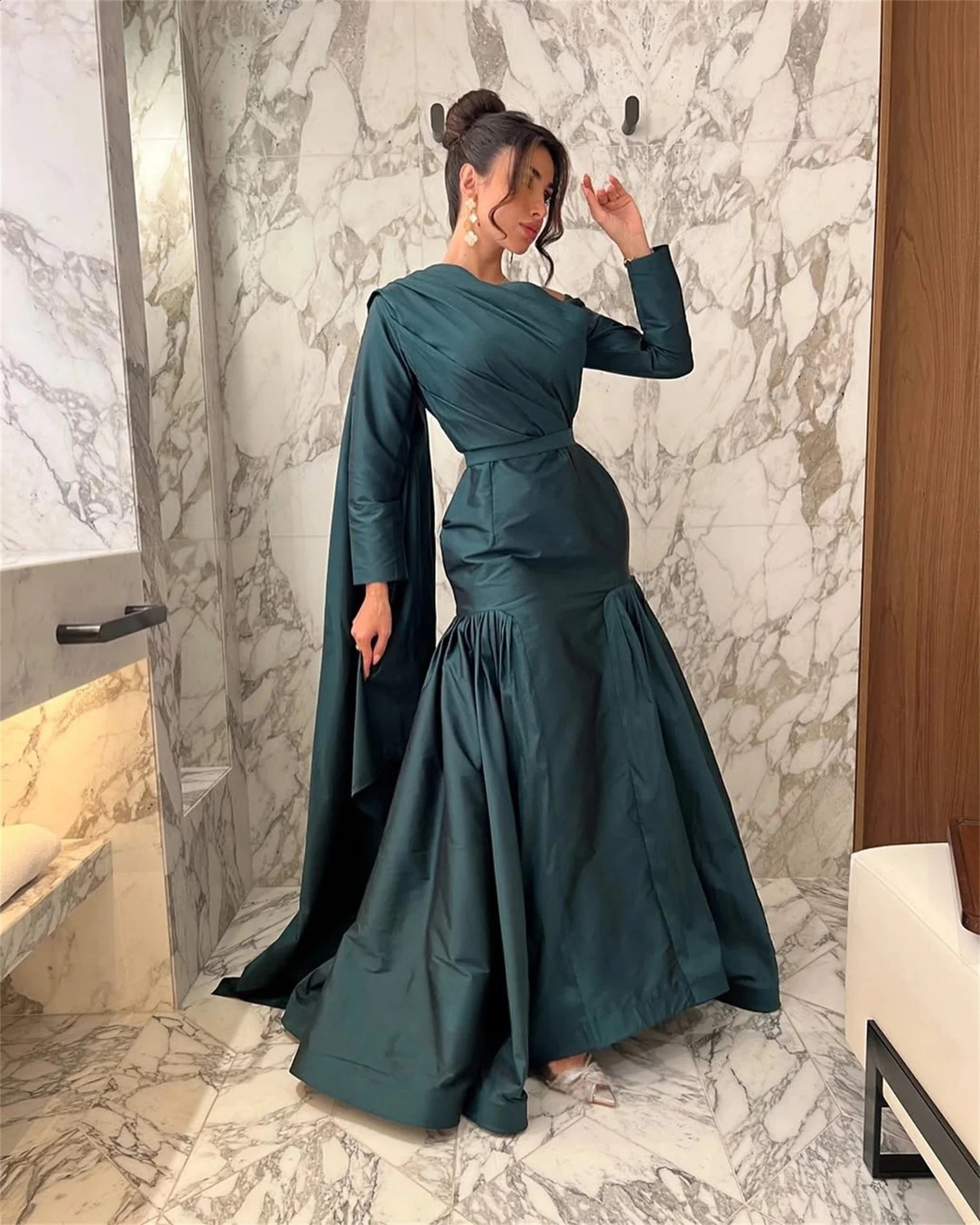 Teal Formal Long Sleeves Bespoke Occasion Gown Evening Dresses Prom Pastrol Unisex Retro Dubai Saudi Arabic Customized 251023