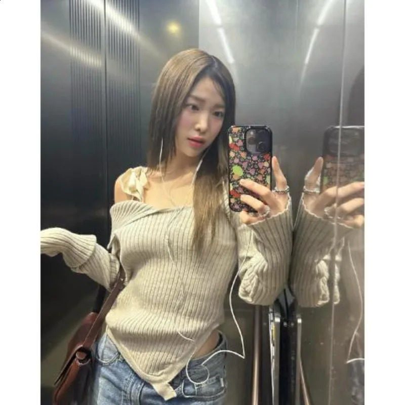 Jumper Y2k Clothes Pullover Sueter Mujer Shirts Asymmetric Lace Up Bottom Top Slim Off Shoulder Crop Sweaters Knitted 251020