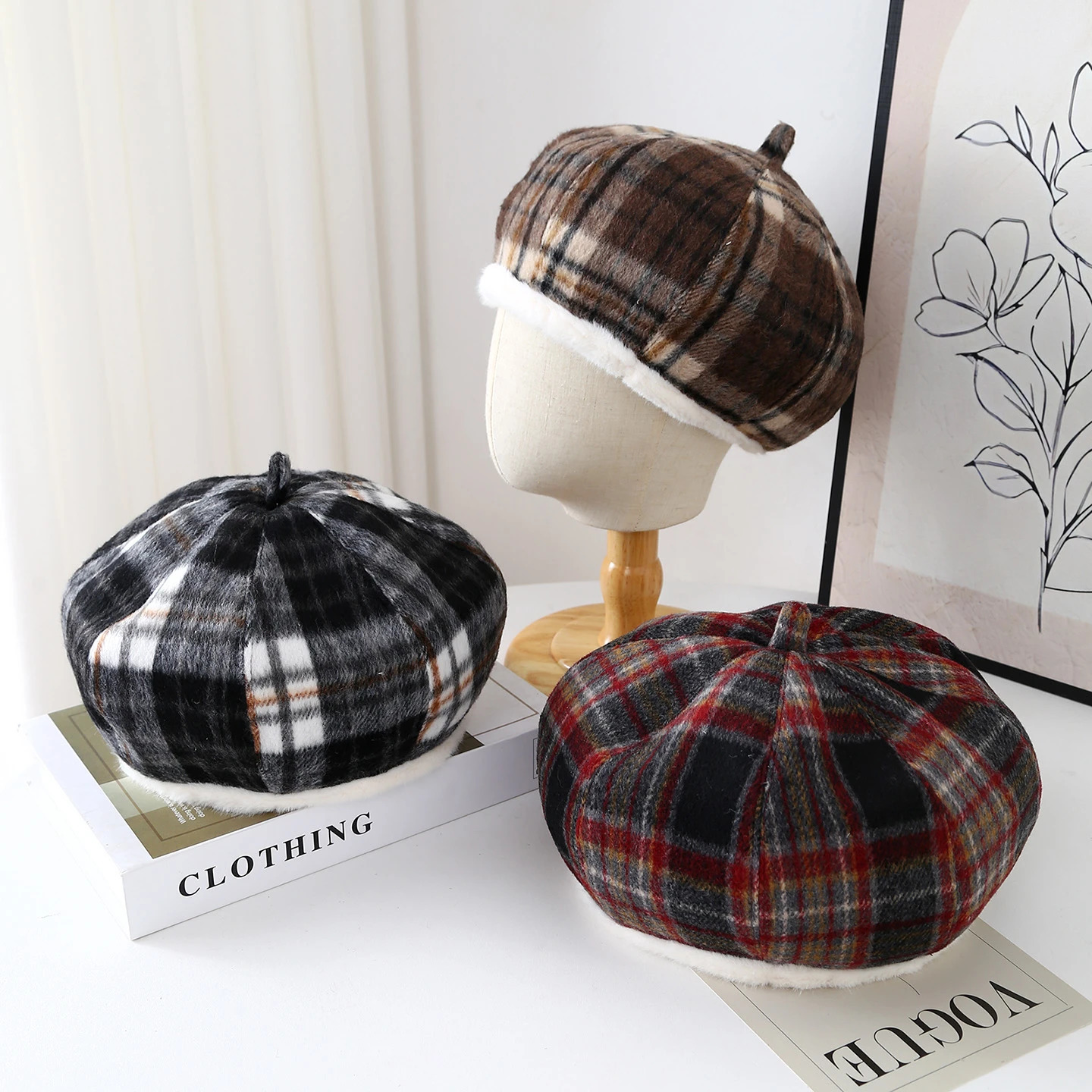 Plaid Beret with White Trim for Women Warm Winter Hat Soft Blend Beanie Vintage Scottish Style Cap Perfect for Winter Outfits 251023