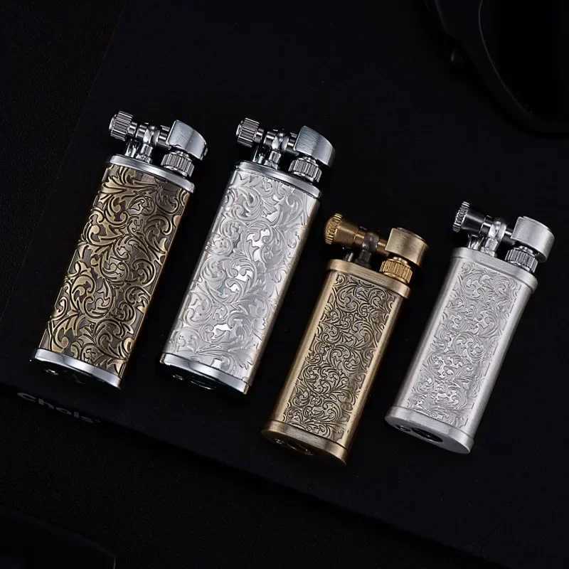 Vintage Engraved Pattern Flint Lighter Open Flame Metal Raised Arm Grinding Wheel Ignition Mens Gadgets D251024