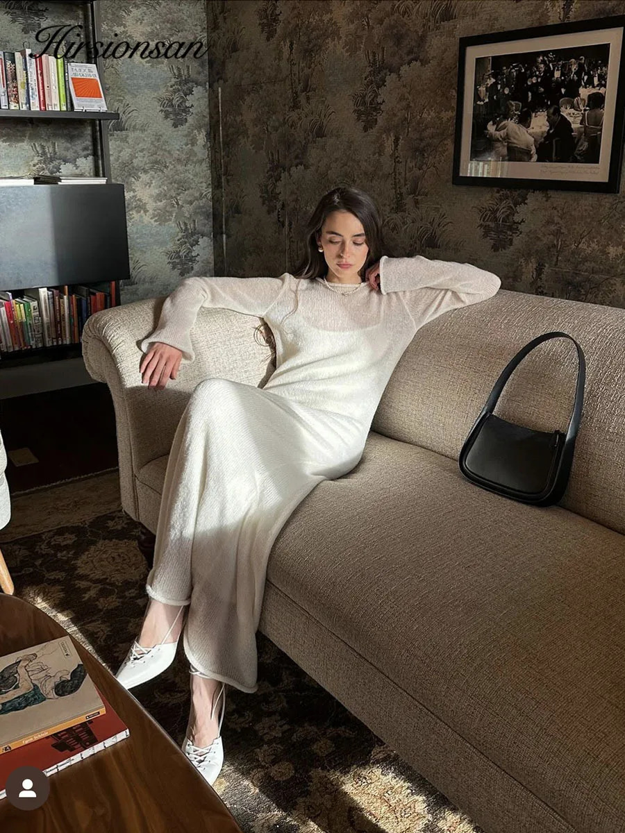 Hirsionsan Spring Autumn ONeck Elastic Knit Long Dresses Women Elegant Chic Soft Lady Hollowing Sweater Dresses Femme 251023
