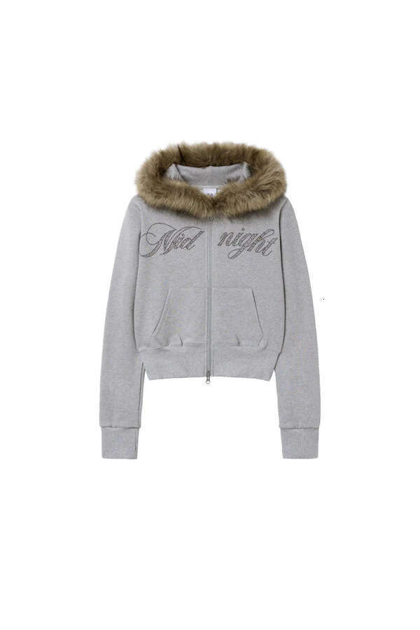 American Vintage Rock Gothic Graphic Fur Collar Loose Zipper Sweatshirt Men Y2k New Haruku Punk Casual Joker Hoodie Streetwear