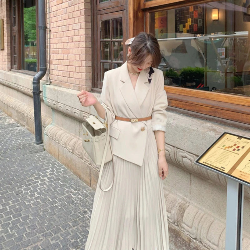 Women Blazer Dress Autumn Korean Fashion Suit Spliced Pleated Long Dress Elegant Women Stylish Outfit OL Vintage Dress 251020
