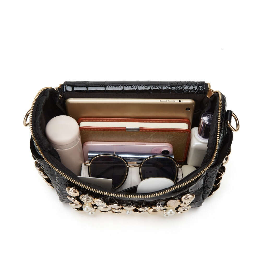 1Pc Elegant Faux Leather Evening Clutch Bag With Rhinestone Embellishments, Zipper Closure, Removable Strap, Polyester Lining - Women's Fashion H