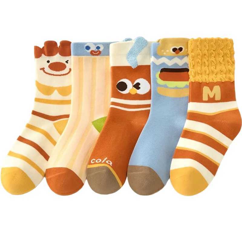 5Pairs Girls Sweet MidCalf Socks Spring Autumn Style Boys Breathable Cute Winter Socks with Fries Pattern Design for Kids J251024