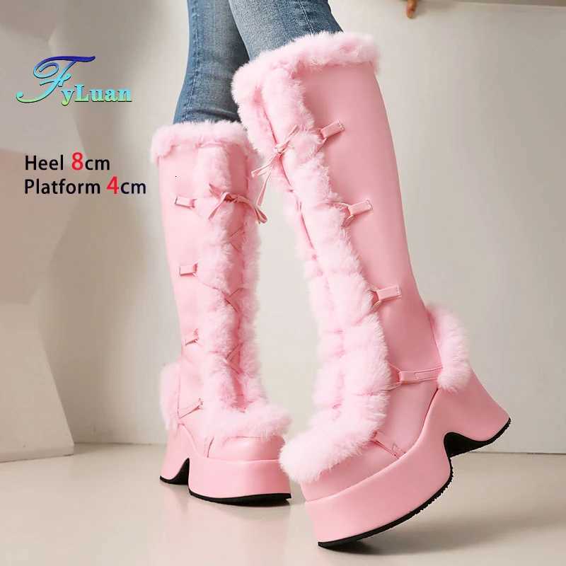 8CM Chunk Heels Winter Warm Knee High Boots Women Snow Short Plush Platform Boots Faux Fur Cosplay Laceup Long Shoes Size 3443 W251024