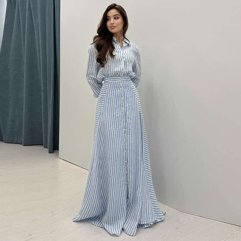 2025 New Women's Clothing POLO Collar Long Sleeve Single-Breasted Striped Casual Set