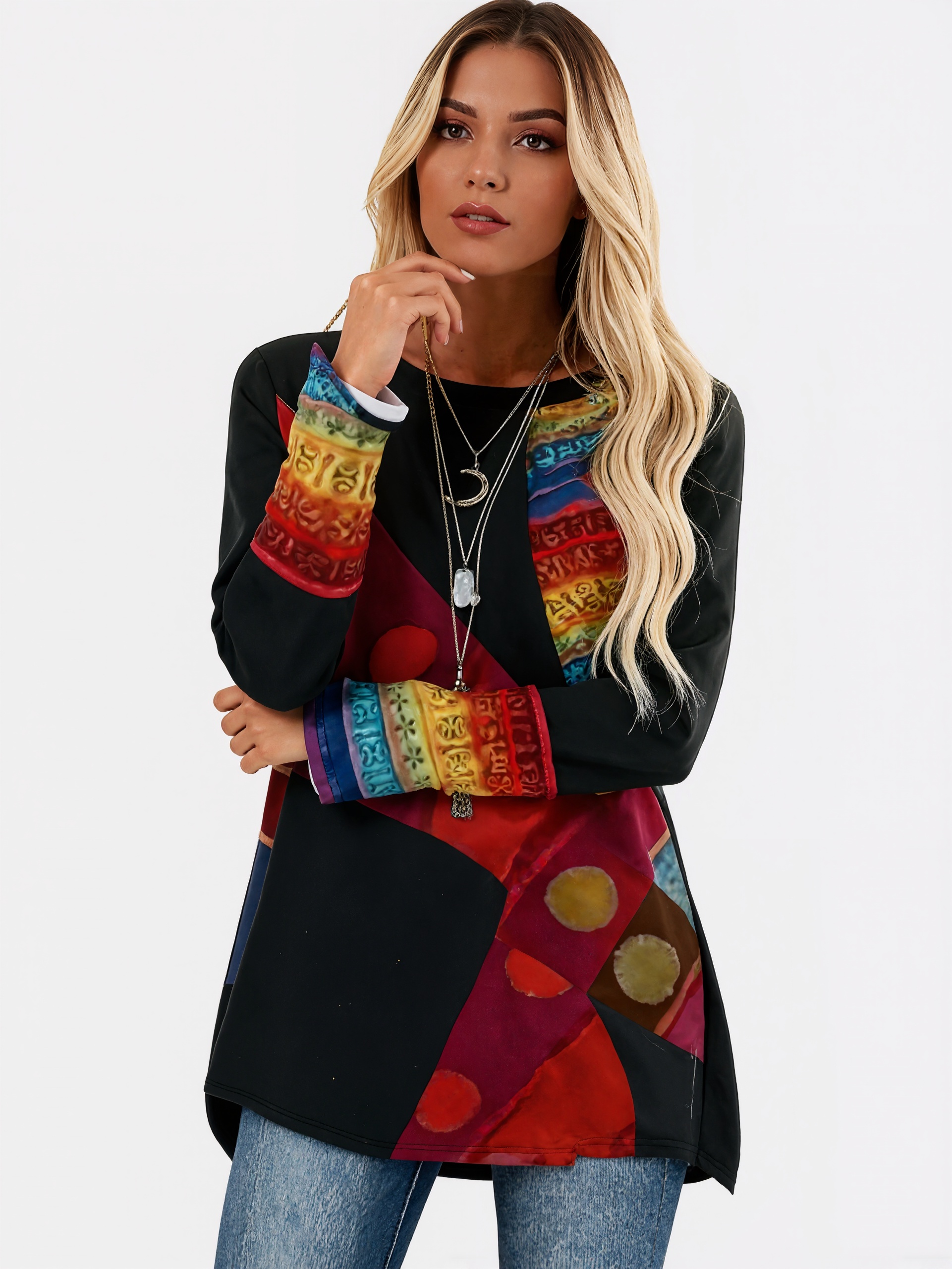 Vintage Style Loose Women's Long Sleeve T-Shirt, Milk Silk Casual Thin Top for Autumn Winter, S-XXL Black--CF40633