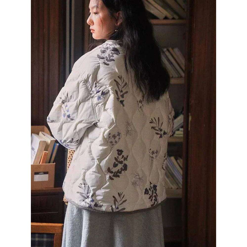 Vintage Floral Quilted Jacket Women's O Neck Single Breasted Dia Plaid Loose Warm Outwear Fashion Long Sleeve Coat Top