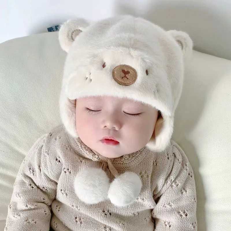 Cute Winter Warm Kids Girl Boys Baby Hats Fleece Wool Hemming Caps with Ball Solid Wool Ear Protection Hats Soft Newborn BonnetL251024