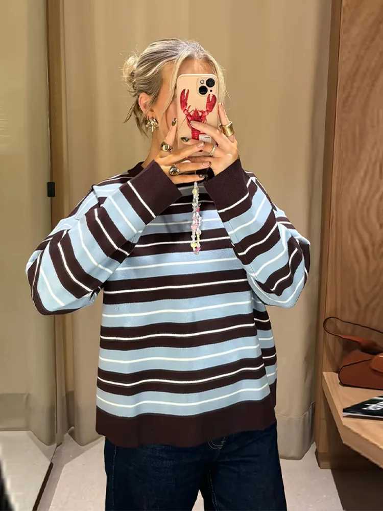 Womens Striped Crew Neck Knitted Sweater Oneck Full Slve Blue Brown White Top 2025 Autumn Female Casual Comfortable Pullover C251024